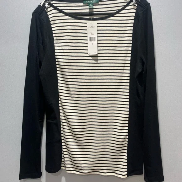 Women's Lauren Ralph Lauren XL /White Black Striped Long Sleeve Shirt Top NWT - Picture 9 of 9